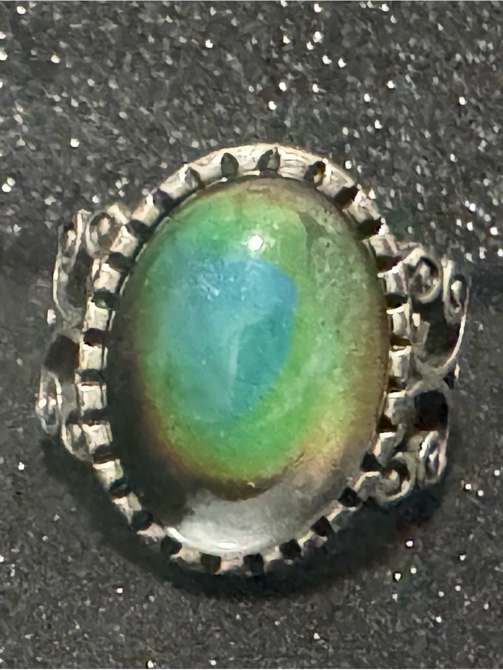 Vintage Sterling Silver Green Stone Statement Ring – Ornate Scroll Design